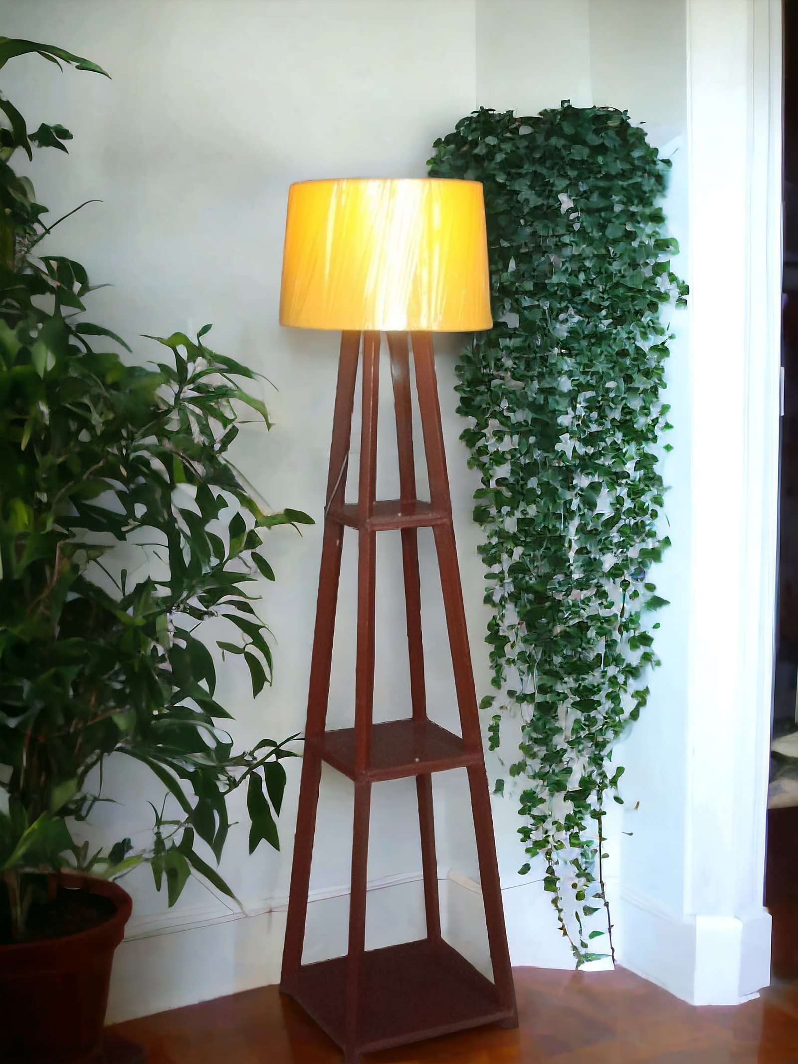 Wooden Tripod Floor Lamp with 3 Shelves for Living Room/Bedroom thumbnail 2